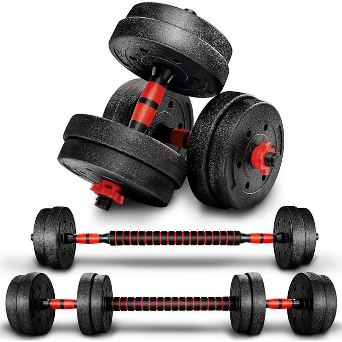 Kit d’haltères Courts 10kg, Coffret 8 plaques Ciment 2 Barres haltères moletées Loquet étoile, avec barre extensible