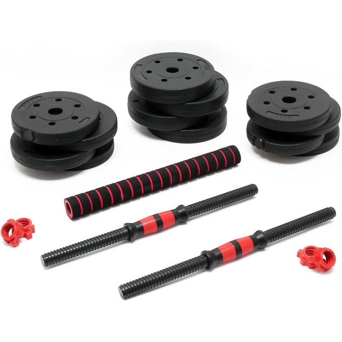 Kit d’haltères Courts 15kg Coffret 8 plaques Ciment 2 Barres haltères moletées Loquet étoile avec barre extensible