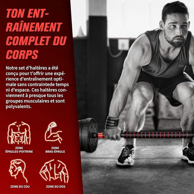 Kit d’haltères Courts Longs 10kg, Set 2 en 1 avec 8 Plaques de poids, Avec barre extension