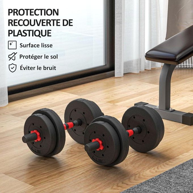 Kit d’haltères Courts Longs 10kg, Set 2 en 1 avec 8 Plaques de poids, Avec barre extension