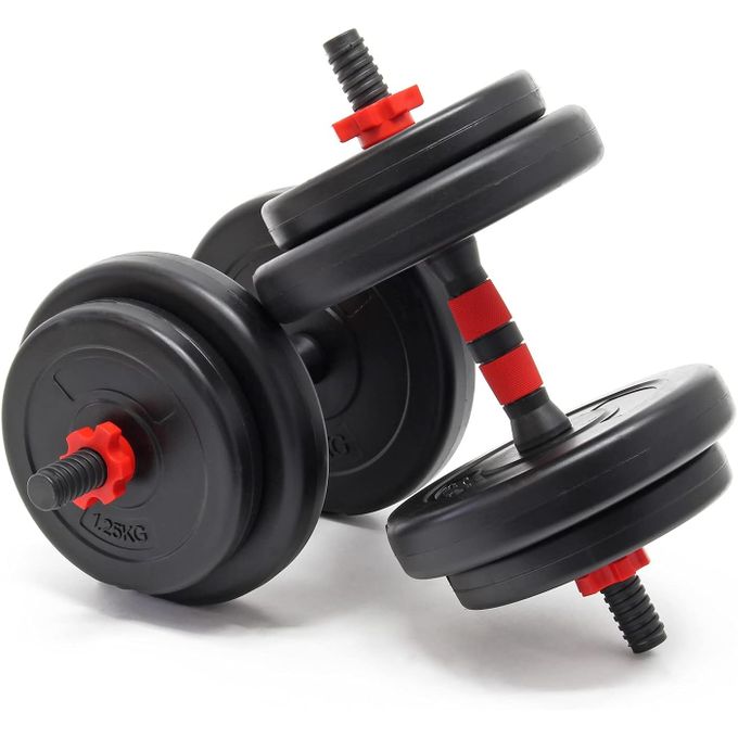 Kit d’haltères Courts 15kg Coffret 8 plaques Ciment 2 Barres haltères moletées Loquet étoile avec barre extensible