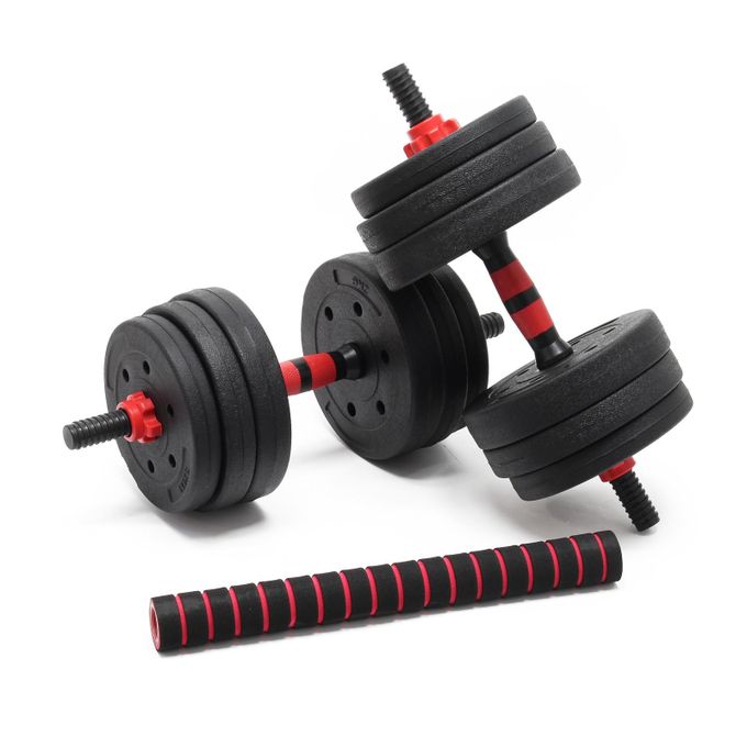 Kit d’haltères Courts 10kg, Coffret 8 plaques Ciment 2 Barres haltères moletées Loquet étoile, avec barre extensible