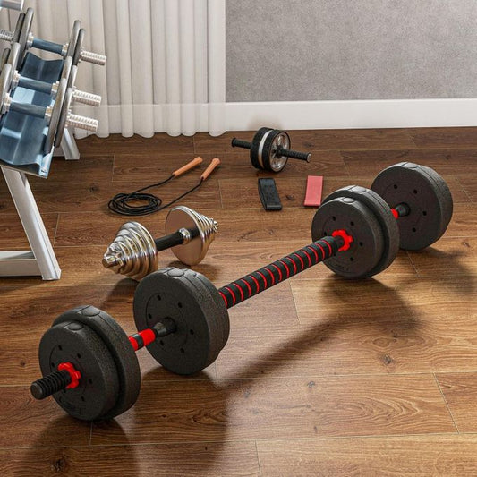 Kit d’haltères Courts 10kg, Coffret 8 plaques Ciment 2 Barres haltères moletées Loquet étoile, avec barre extensible