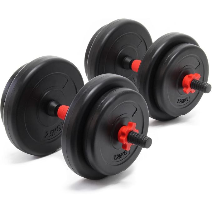 Kit d’haltères Courts 15kg Coffret 8 plaques Ciment 2 Barres haltères moletées Loquet étoile avec barre extensible